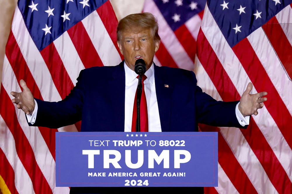 <p>Former U.S. President Donald Trump speaks Nov. 15, 2022 at the Mar-a-Lago Club in Palm Beach, Florida. Trump said he will have a third White House run Tuesday. </p>