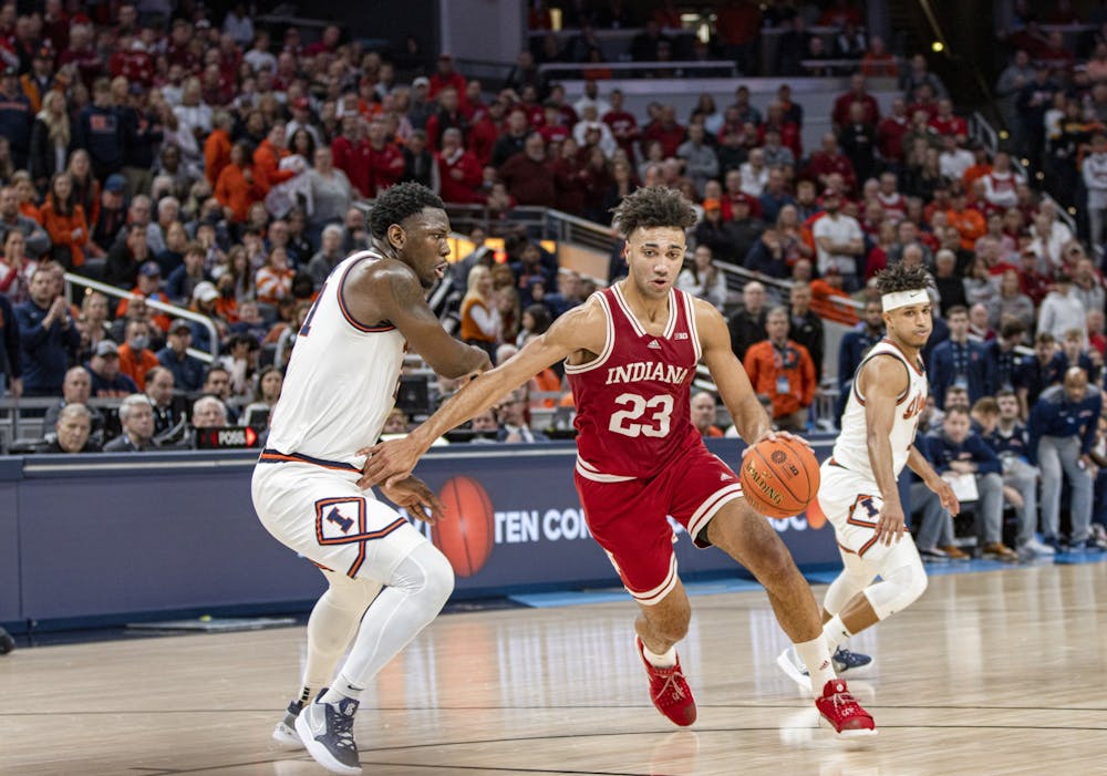 <p>Then-junior forward Trayce Jackson-Davis dribbles toward the basket during the Big Ten Tournament quarterfinal March 11, 2022, at Gainbridge Fieldhouse. Indiana announced it will hold its first-ever Pro Day on Oct. 7 in Simon Skjodt Assembly Hall before Hoosier Hysteria, according to an IU release.</p>