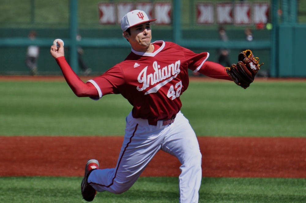 Thomas Belcher on the mound in the 7th inning of Saturday's game against Purdue. Belcher helped the Hoosiers preserve the 1-run lead which won them the game, 3-2.