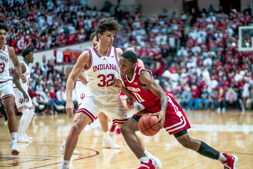 <p>Freshman guard Trey Galloway guards Lorne Bowman II Feb. 15, 2022, at Simon Skjodt Assembly Hall. Indiana lost 74-69 to Wisconsin on Tuesday.</p>