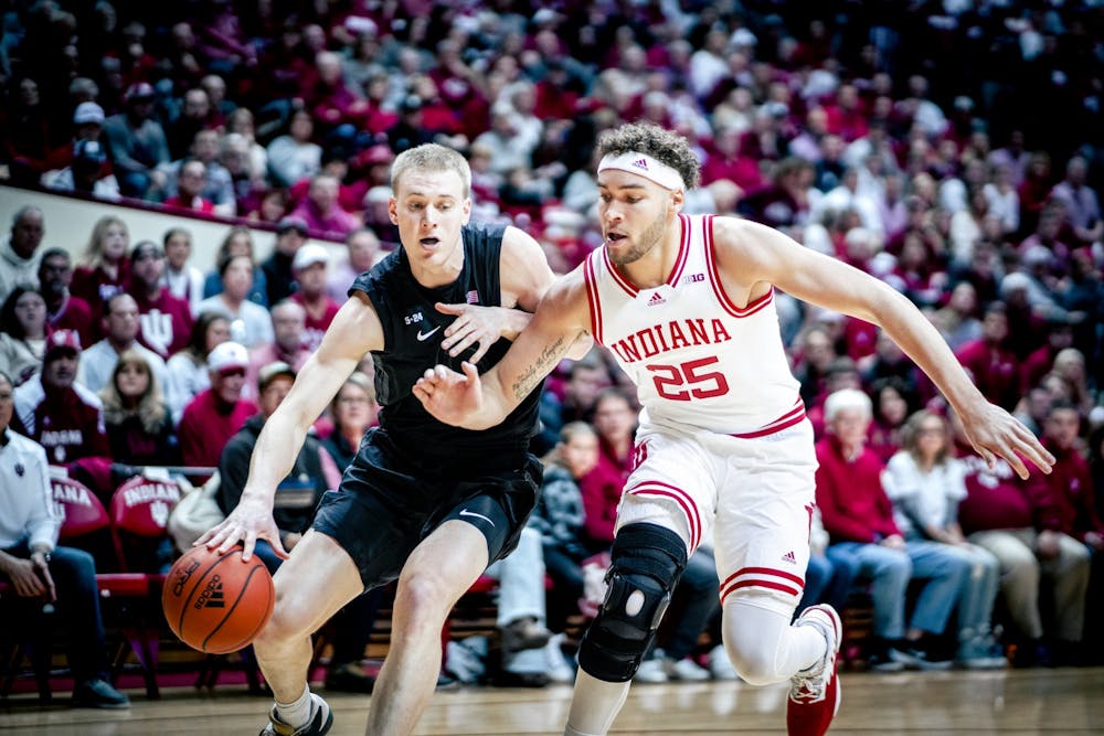 <p>Graduate senior forward Race Thompson plays defense Jan. 22, 2023 at Simon Skjodt Assembly Hall in Bloomington, Indiana. Thompson&#x27;s second game back from injury will be played less than 15 miles from his hometown.</p>