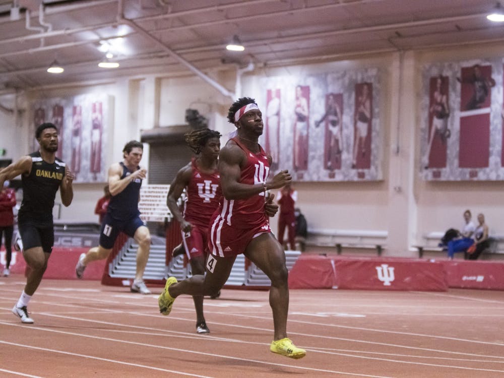Junior sprinter Rikkoi Brathwaite sprints during the first heat on Jan. 21, 2022, at Gladstein Fieldhouse. Indiana came in fourth place with an overall score of 90 at the Big Ten Indoor Track &amp; Field Championships between Friday and Saturday in Geneva, Ohio.