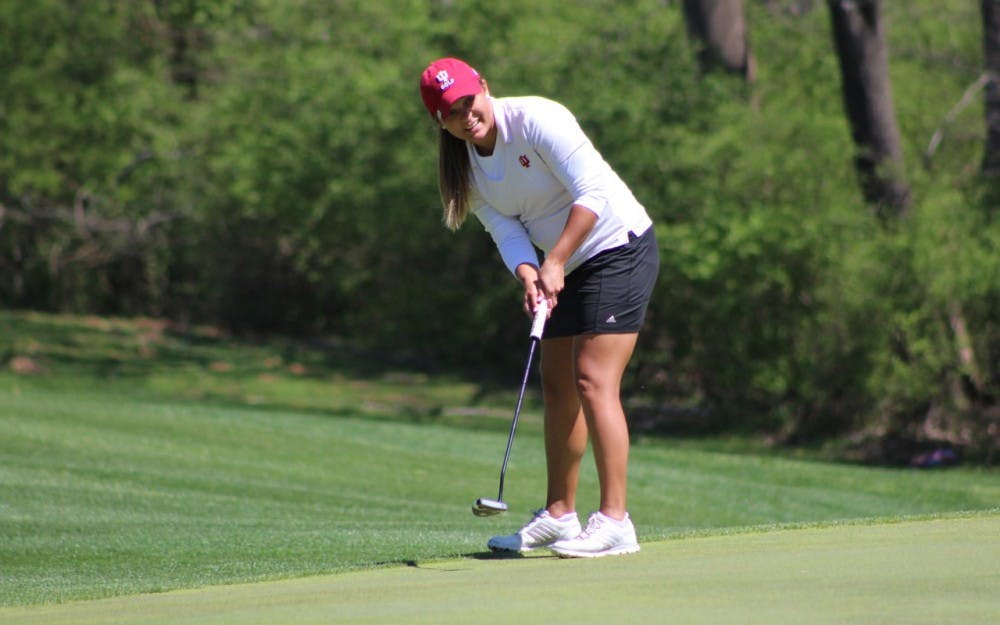 Senior Theresa-Ann Jedra putts during the first round of the IU Invitational at IU Golf Course. The senior posted a 3-over par Saturday after two rounds.