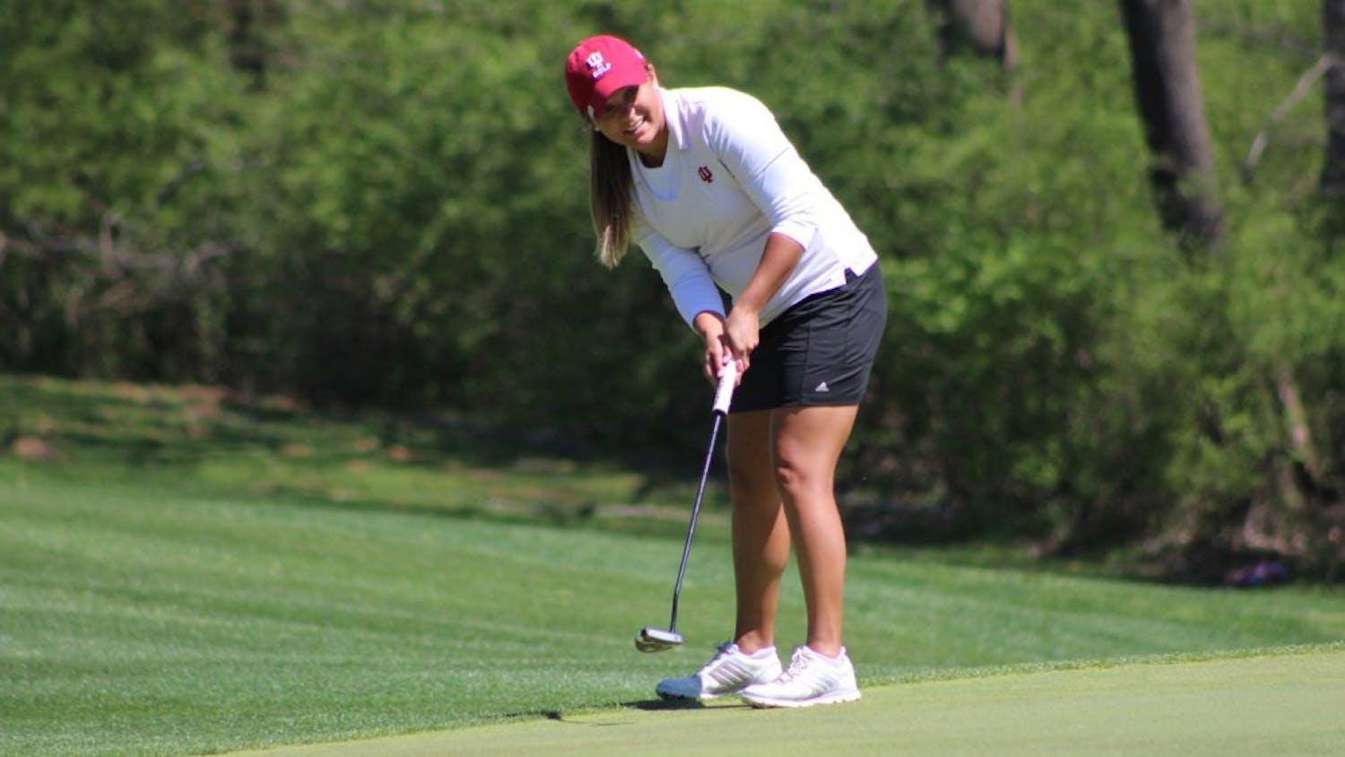 Senior Theresa-Ann Jedra putts during the first round of the IU Invitational at IU Golf Course. The senior posted a 3-over par Saturday after two rounds.
