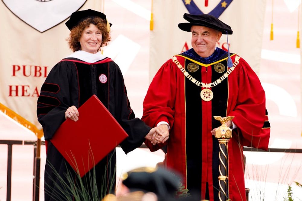 <p>Former Indiana University President Michael A. McRobbie and first lady Laurie Burns McRobbie receive The University Medal on July 1, 2021. Former IU president Michael McRobbie and IU adjunct faculty member and philanthropist Laurie Burns McRobbie donated $500,000 to IU Health to improve behavioral health resources at the Regional Academic Health Center in Bloomington. </p>
