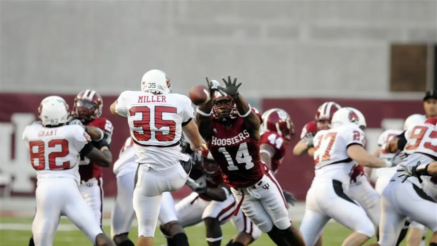 IU sophomore safety Jerimy Finch blocks a punt from Ball State's Chris Miller during the first quarter of a game on Sept. 20 at Memorial Stadium. IU lost the game 42-20.
