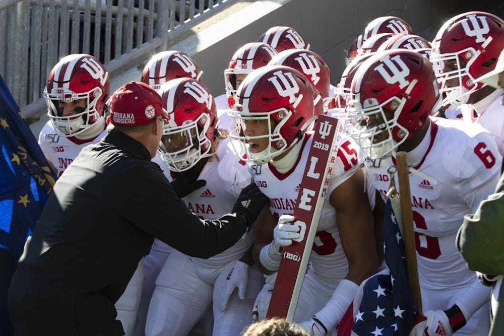 <p>﻿Indiana football head coach Tom Allen pumps his players up before a game Nov. 16, 2019, at Beaver Stadium in State College, Pennsylvania. Big Ten released the 2023 schedule for all conference teams Oct. 26.</p>