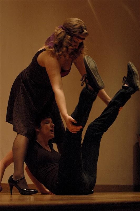 Actresses Anna Blackenberger and Katie Taylor describe the difficulties a woman has finding their Vagina's at the Vagina Monologues Thursday evening at the Fine Arts Building. The Vagina Monologues also had performance dates on Friday and Saturday evening.