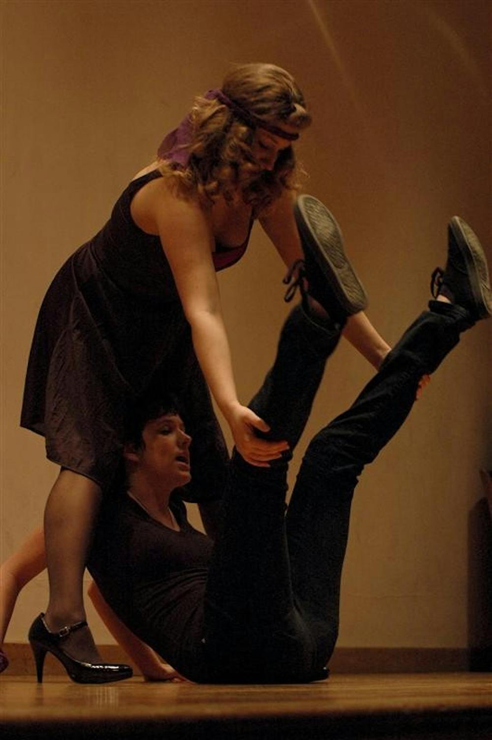 Actresses Anna Blackenberger and Katie Taylor describe the difficulties a woman has finding their Vagina's at the Vagina Monologues Thursday evening at the Fine Arts Building. The Vagina Monologues also had performance dates on Friday and Saturday evening.