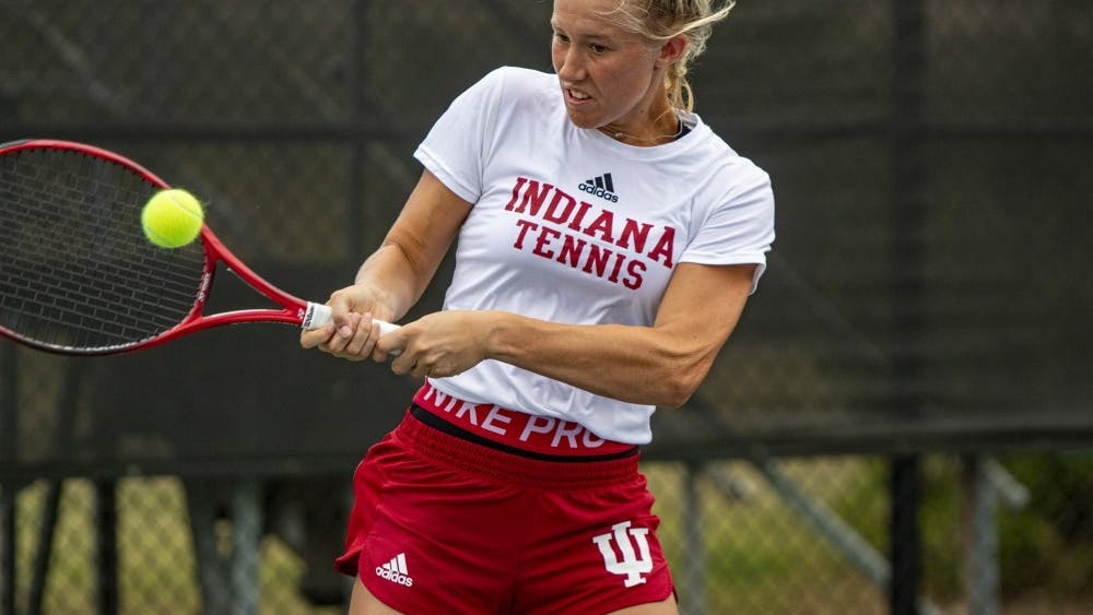 Then-freshman Lexi Kubas hits the ball Sept. 29, 2019, at the IU Tennis Center. Four Indiana women&#x27;s tennis players competed at the Alabama Classic this weekend. 