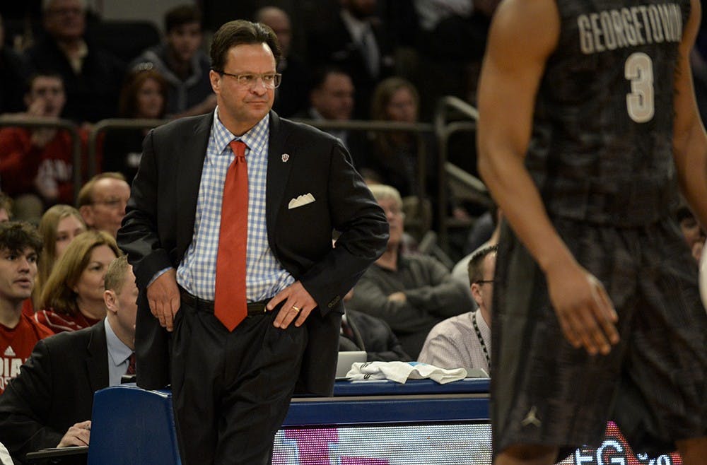 Head coach Tom Crean watches his team from the sidelines during IU's game against Georgetown on Saturday at Madison Square Garden in New York City. IU lost to Georgetown 91-87.