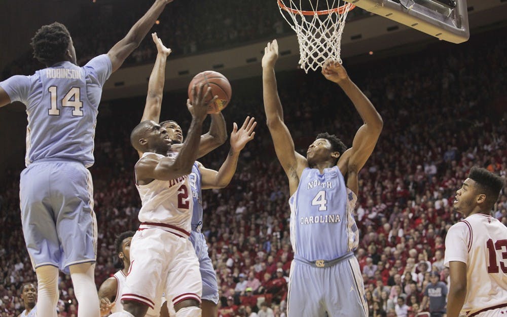 Junior guard Josh Newkirk goes up for a basket during the first half of the Hoosier's game against North Carolina Wednesday evening. 