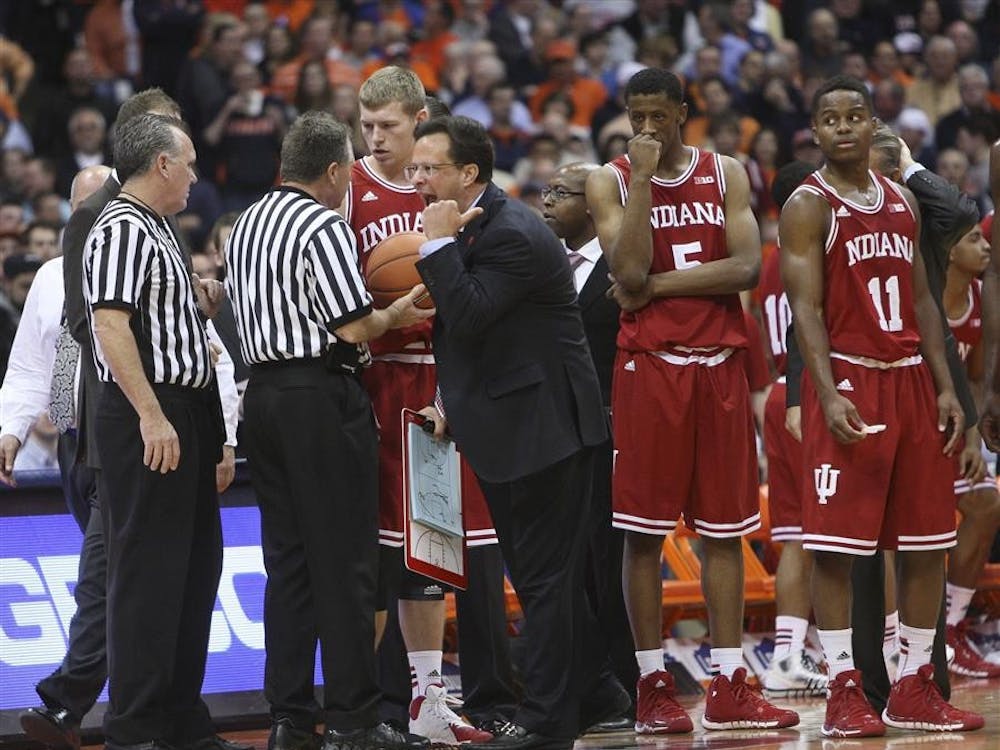 The Indiana Hoosiers bench after Indiana Hoosiers forward Austin Etherington was called for his second fragrant foul. Syracuse defeated Indiana 69-52 at the Carrier Dome in Syracuse, New York on Dec. 3.