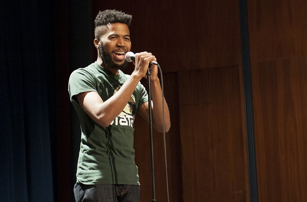 Joshua Bennett, a doctoral candidate in the English Deparment at Princeton University performing at the BlackBoard Poetry Night on Thursday at the Whittenburger Auditorium. Bennett has recited his work at events such as the Sundance Film Festival and President Obama's Evening of Poetry and Music at The White House. Bennett together with Mile Hodges of the Strivers Row headlined the BlackBoard Poetry Night.