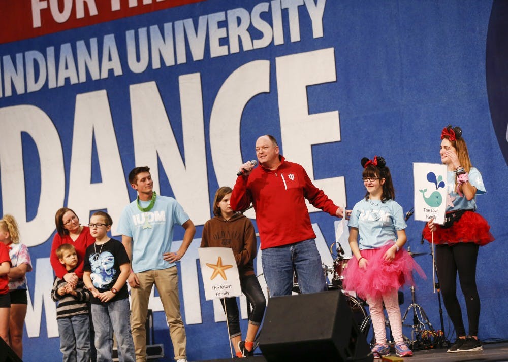 The Love family talks during the 2017 Indiana University Dance Marathon on Friday at the IU Tennis Center. The annual fundraiser raises money for IU Health Riley Children's Hospital in Indianapolis. IUDM raised over 4.15 million dollars in 2016.&nbsp;
