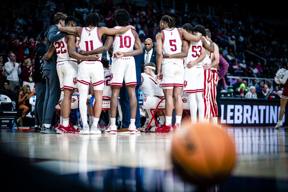 Indiana huddles during a game on March 17, 2023, at MVP Arena in Albany, New York. Indiana’s conference opponents were announced Tuesday.