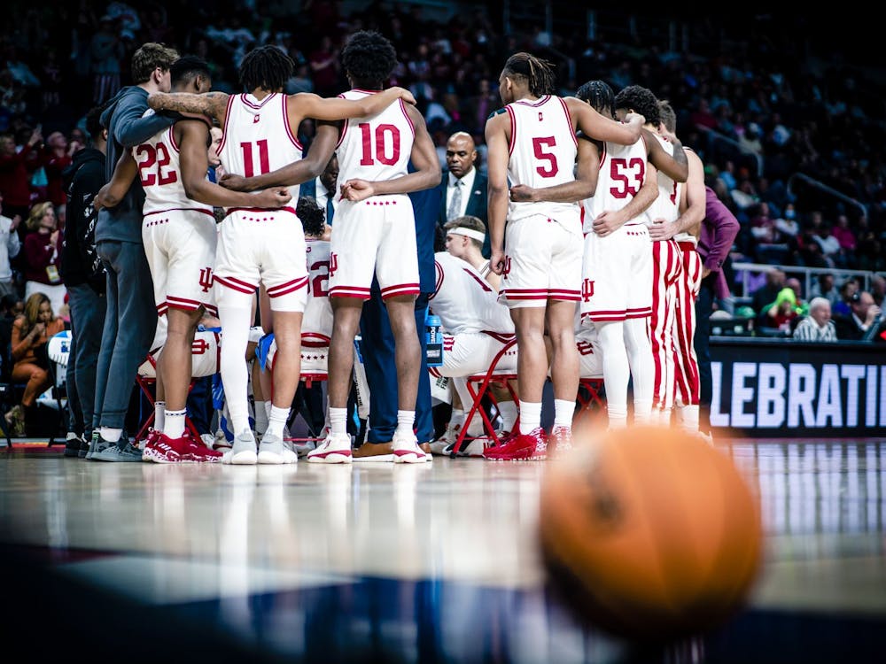 Indiana huddles during a game on March 17, 2023, at MVP Arena in Albany, New York. Indiana’s conference opponents were announced Tuesday.