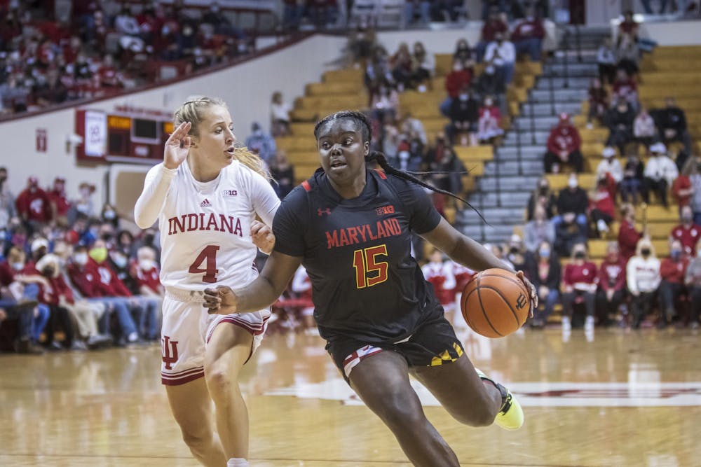 <p>Graduate guard Nicole Cardaño-Hillary runs after Maryland junior guard Ashley Owusu on Jan. 2nd, 2022, at Simon Skjodt Assembly Hall. Indiana beat Maryland 70-63 in overtime. </p>