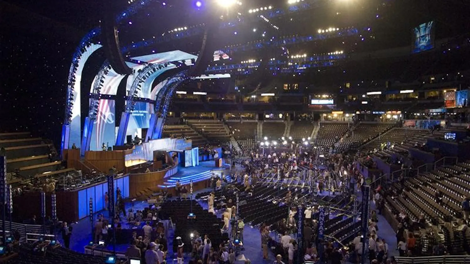 Delegates slowly trickle into the Pepsi Center for the kickoff of the Democratic National Convention on Monday in Denver.