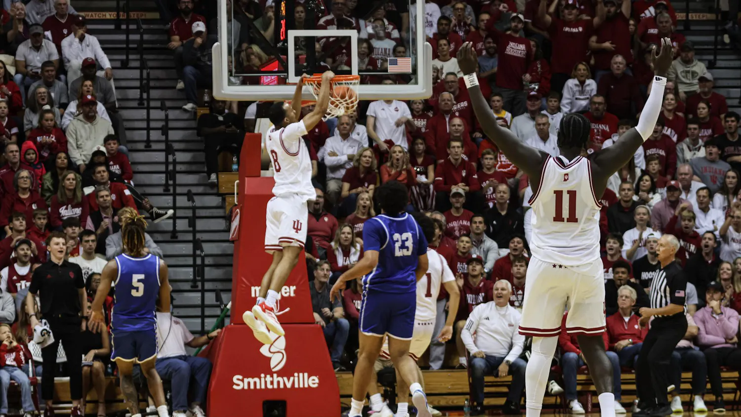 Fifth year Senior Oumar Ballo celebrates his teammates dunk during their game against EIU Nov. 10, 2024, at Assembly Hall in Bloomington. The Hoosiers beat EIU sunday afternoon 90-55.