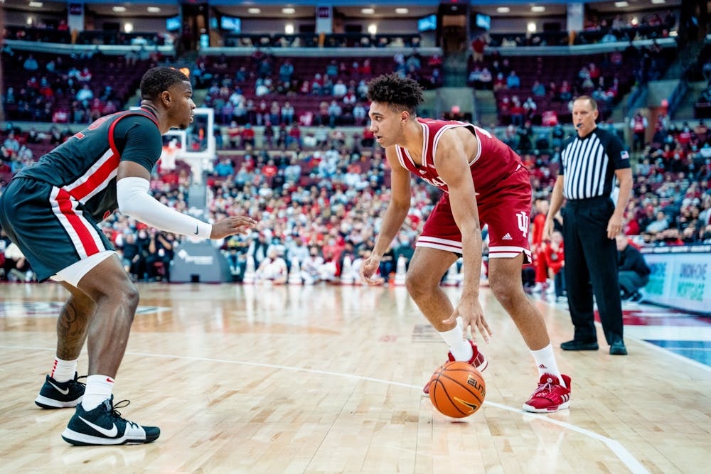 <p>Sophomore forward Trayce Jackson-Davis drives to the basket Feb. 21, 2022, at the Schottenstein Center. Indiana lost 69-80 against Ohio State.</p>
