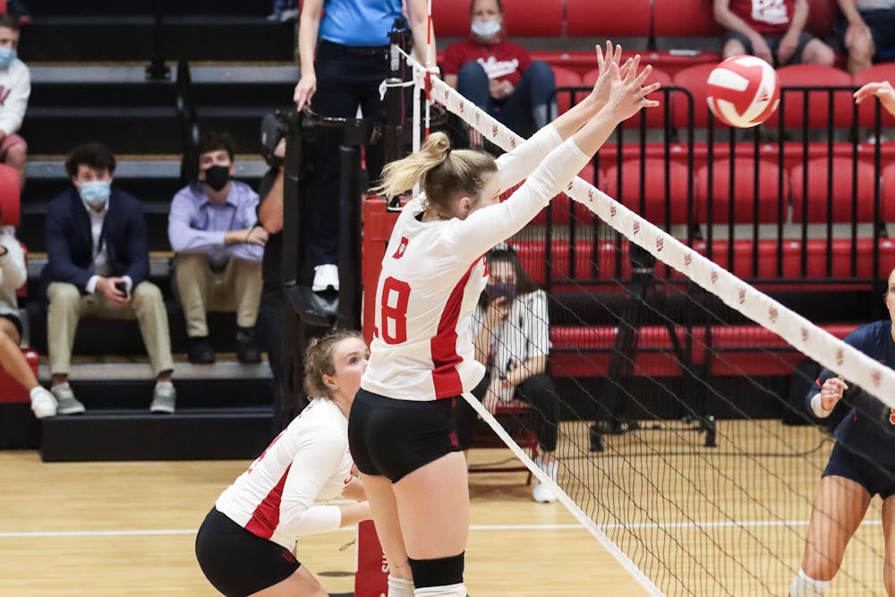 <p>Junior middle blocker Kaley Rammelsberg blocks the ball Sept. 17, 2021, in Wilkinson Hall. Indiana volleyball faces Rutgers on Friday and Purdue on Sunday.</p>