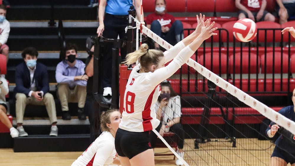 Junior middle blocker Kaley Rammelsberg blocks the ball Sept. 17, 2021, in Wilkinson Hall. Indiana volleyball faces Rutgers on Friday and Purdue on Sunday.