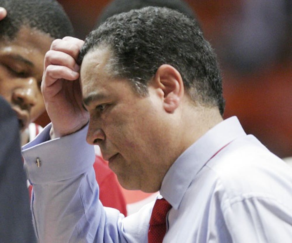 IU Men's Basketball coach Kelvin Sampson talks to IU players during a break from a game against Illinois on Feb. 7 in Champaign, Ill.