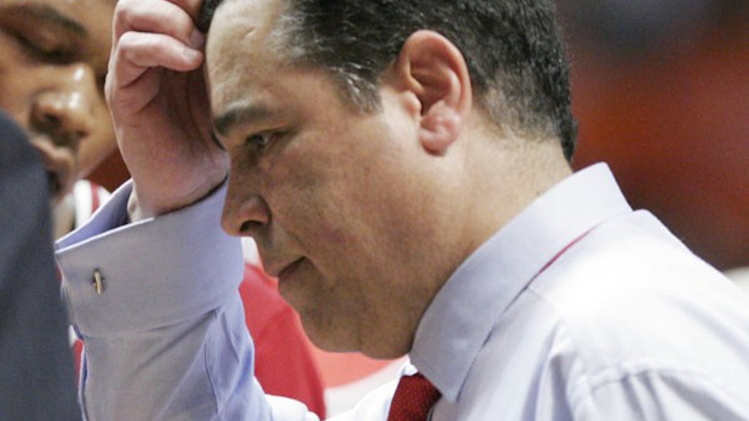 IU Men's Basketball coach Kelvin Sampson talks to IU players during a break from a game against Illinois on Feb. 7 in Champaign, Ill.