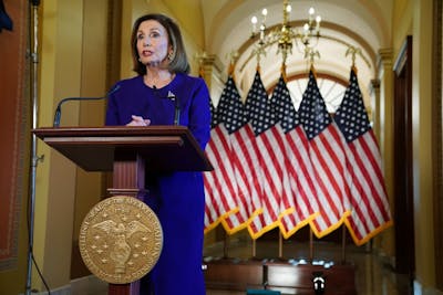 U.S. House Speaker Nancy Pelosi speaks to the media at the Capitol Building Sept. 24 in Washington, D.C. Pelosi announced a formal impeachment inquiry Sept. 24 after allegations that President Donald Trump sought to pressure the president of Ukraine to investigate Joe Biden, Democratic presidential contender and former Vice President, and his son, which was the subject of a reported whistle-blower complaint that the Trump administration has withheld from Congress.