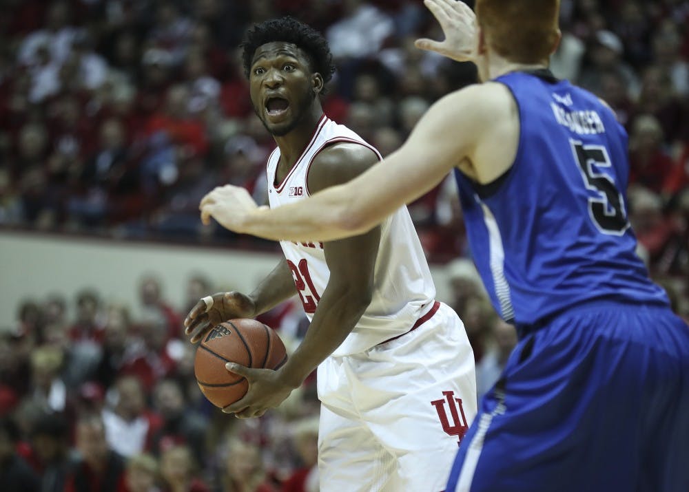 Senior forward Freddie McSwain Jr. yells at a teammate during the first half of the Hoosiers' game against the Indiana State Sycamores on Friday. The Hoosiers lost 90-69.