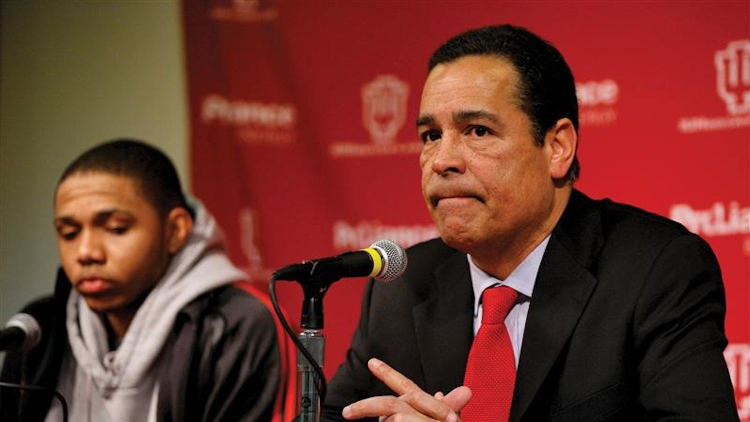 Then IU coach Kelvin Sampson responds to media questions after a game against Wisconsin on Feb. 13, 2008 at Assembly Hall. He later resigned and is now an assistant coach of the Milwaukee Bucks in the NBA.