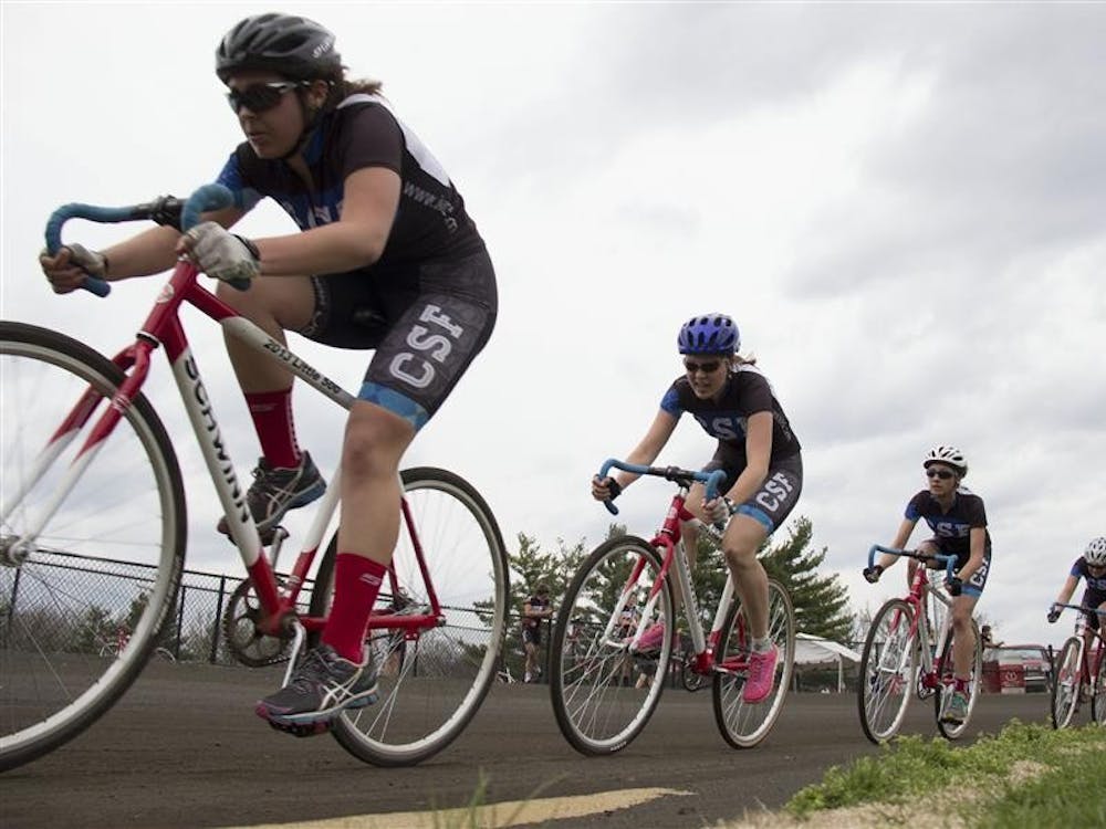 Riders from CSF compete during the Little 500 Team Pursuit series event on Sunday at Bill Armstrong Stadium. 