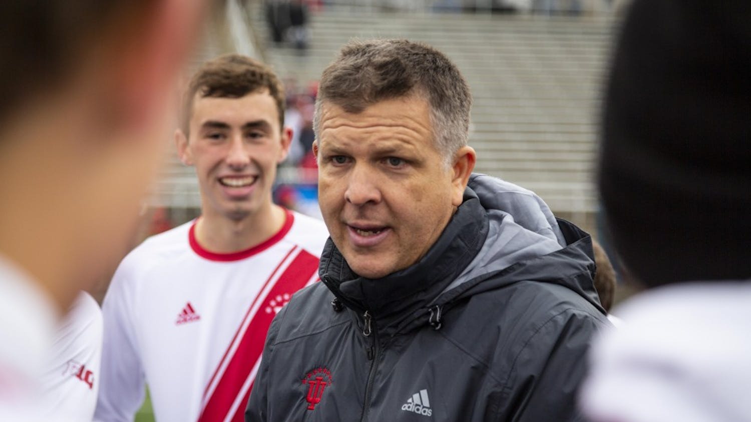IU men&#x27;s soccer head coach Todd Yeagley talks to his team after IU defeated the University of Connecticut in the second round of the NCAA Tournament on Nov. 18, 2018, at Bill Armstrong Stadium. IU defeated Penn State, 3-1 in University Park, Pennsylvania, this weekend. 