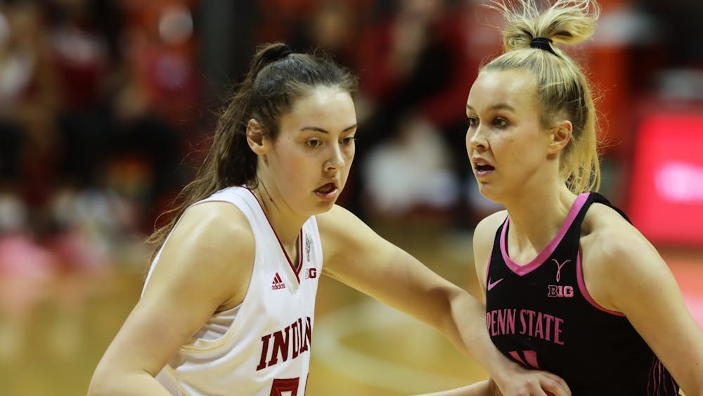 Sophomore forward Mackenzie Holmes defends an opponent Feb. 10 at Simon Skjodt Assembly Hall. Holmes scored 14 points Monday against Virginia Commonwealth University in the first round of the NCAA Tournament in San Antonio, Texas. 