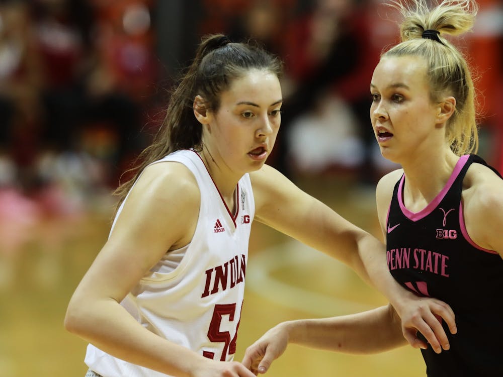 Sophomore forward Mackenzie Holmes defends an opponent Feb. 10 at Simon Skjodt Assembly Hall. Holmes scored 14 points Monday against Virginia Commonwealth University in the first round of the NCAA Tournament in San Antonio, Texas. 