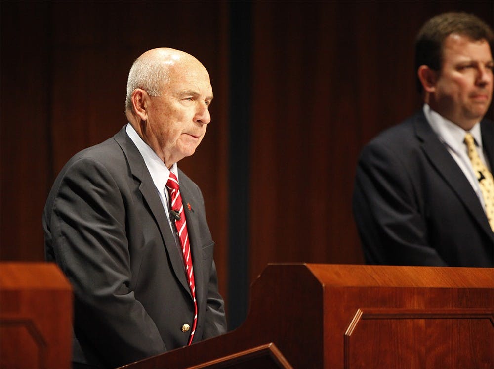 Philip N. Eskew Jr. speaks during the "opening statement" section of the Board of Trustees trustee election forum.  He was chosen to receive the position of Alumni Trustee on the IU Board of Trustees.