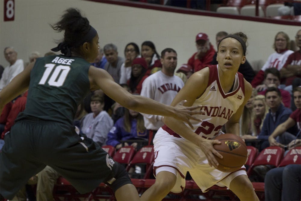 Junior guard Alexis Gassion looks to move around a Michigan State player on Wednesday night at Assembly Hall. The Hoosiers won the game 85-61.