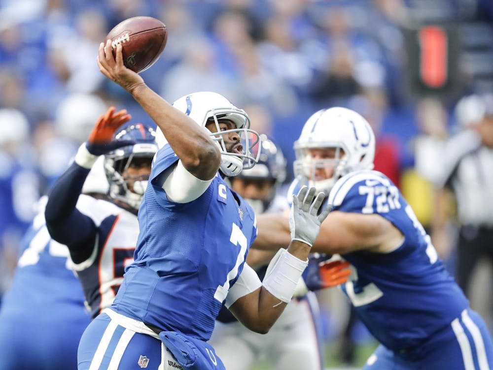 Indianapolis Colts quarterback Jacoby Brissett throws the ball Oct. 27 against the Denver Broncos at Lucas Oil Stadium in Indianapolis.