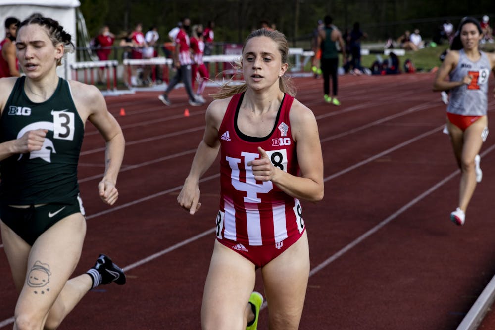 <p>Senior Joely Pinkston runs in the women’s 800-meter run during the Big Ten Indiana Invitational on April 9 at the Robert Haugh Track and Field Complex. The IU track team won four relay events Saturday at the Fighting Illini Big Ten Relays in Champaign, Illinois. </p>