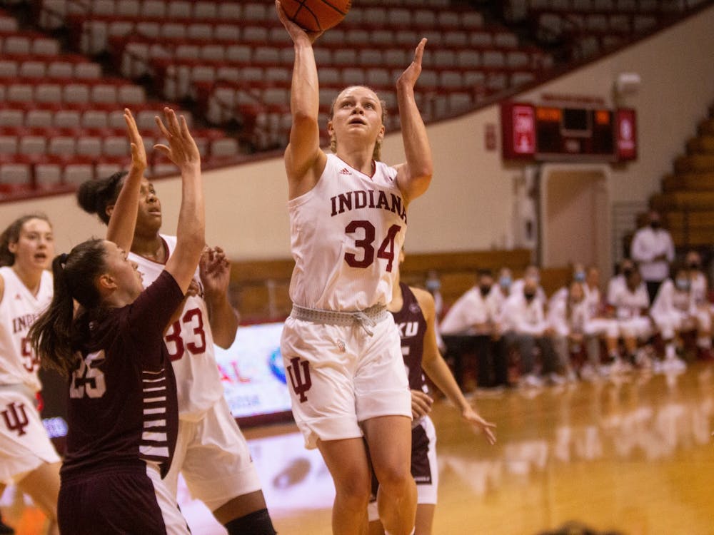 Junior Grace Berger attempts a layup Nov. 25 in the game against Eastern Kentucky at Simon Skjodt Assembly Hall. IU defeated Samford University on Dec. 3, 71-26, at home. 