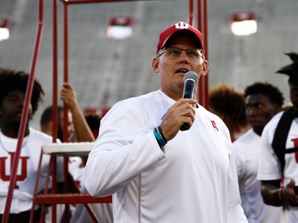 IU football head coach Tom Allen speaks to incoming freshmen Aug. 23, 2019, at Memorial Stadium for Traditions and Spirit of IU. A press release from IU Athletics on Monday said Allen signed an amendment to his original seven-year contract that will boost his annual pay to $4.9 million through 2027. 