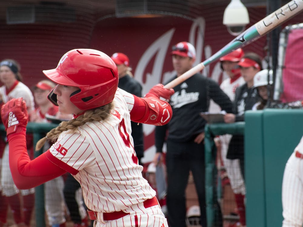 Freshman infielder Taryn Kern hits the ball March 25, 2023, at Andy Mohr Field in Bloomington, Indiana against Maryland. Indiana hosts Butler on Tuesday.