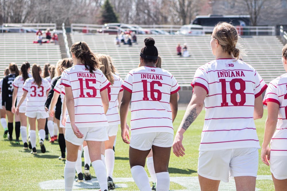 The Indiana women's soccer team walks onto the field March 21, 2021, at Bill Armstrong Stadium. Indiana's women's soccer program had the highest team-combined GPA out of Indiana’s 24 sports in the 2023 spring semester. 