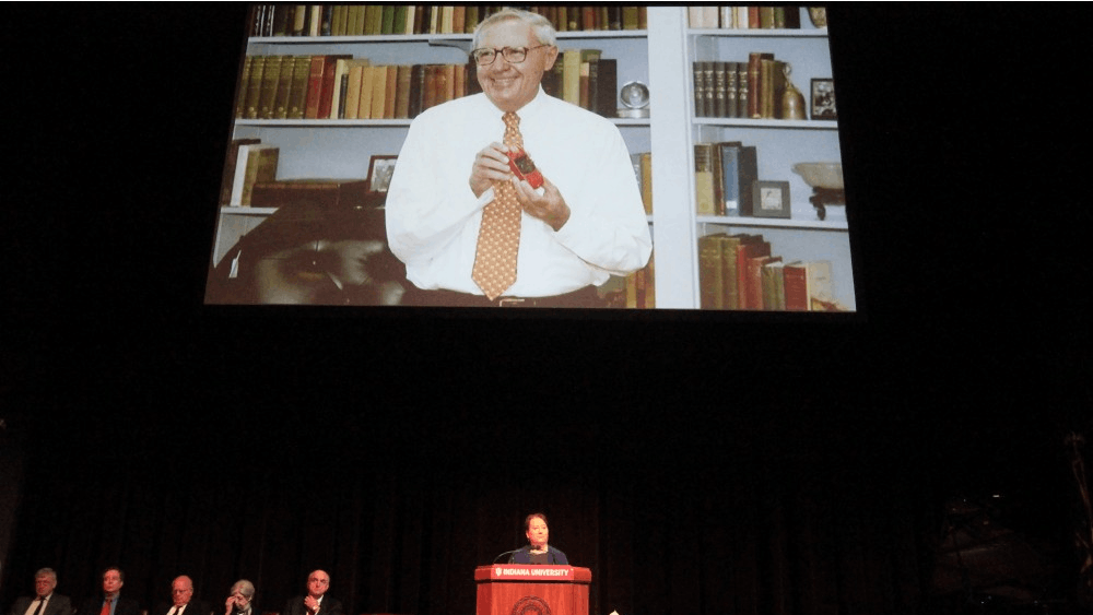 Provost Lauren Robel begins the memorial of Kenneth R. R. Gros Louis with remarks on Gros Louis' personality. Gros Louis died Oct. 20, 2017, and a memorial took place Saturday, April 28 in Ruth N. Halls Theatre.&nbsp;