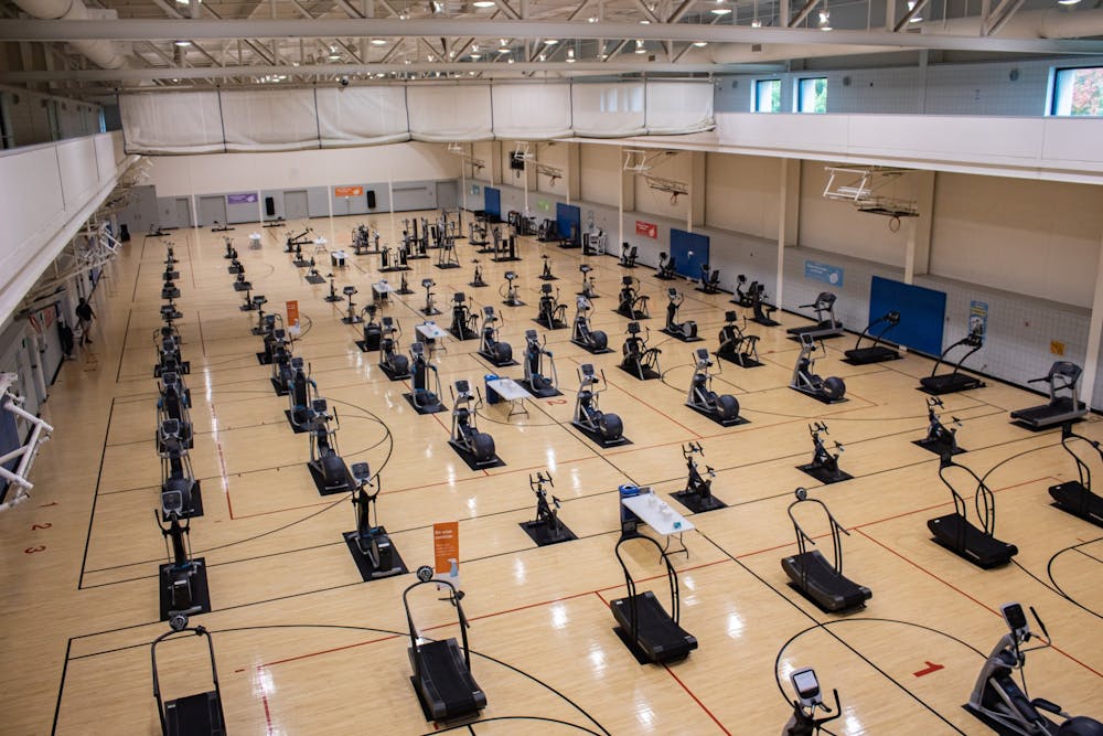 <p>Cardio equipment lines courts that were once used for playing basketball Oct. 4, 2020, at the Student Recreational Sports Center. The SRSC will reopen Sunday with limited hours and regimented cleaning of doors, handrails, locker rooms and bathrooms. </p>