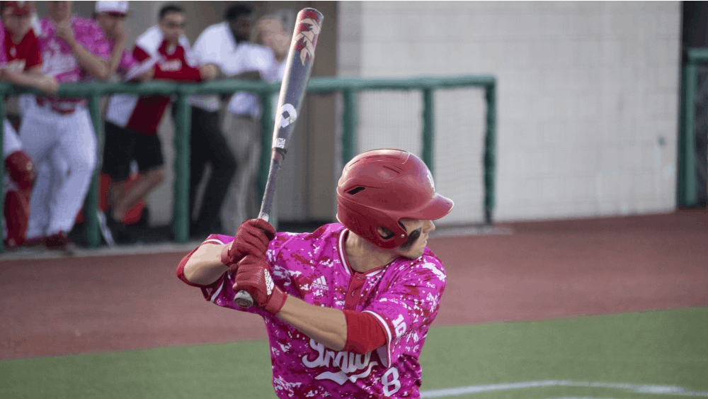 Sophomore infielder Drew Ashley prepares to swing April 16 at Bart Kaufman Field. Ashley struck out swinging at the bottom of the second inning against Ball State University.