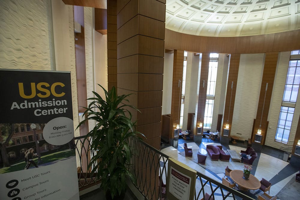 The entrance to the University of Southern California Admission Center in the Ronald Tutor Campus Center is seen at the University of Southern California in Los Angeles.