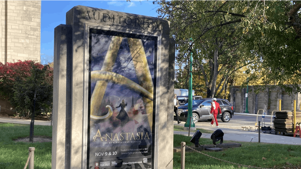 A promotional poster for “Anastasia” is seen Nov. 4, 2021, outside of the IU Auditorium. The touring Broadway show will be at the auditorium Tuesday and Wednesday at 7:30 p.m.