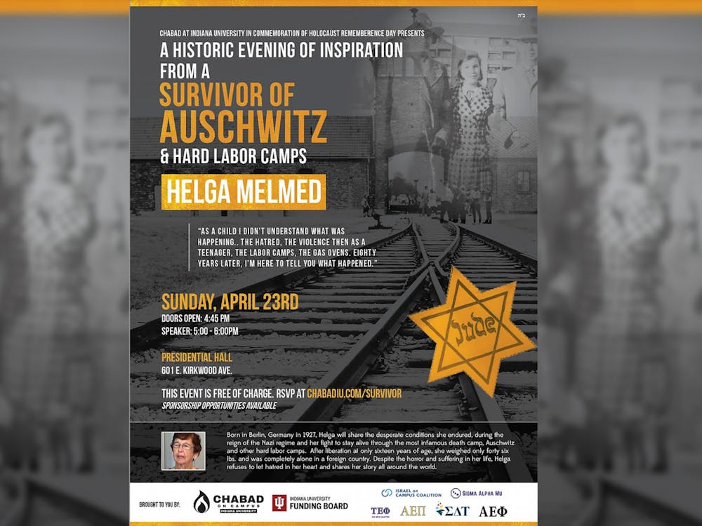 The poster for a speaker event by Chabad at IU is shown. Chabad at IU will host Holocaust survivor and speaker, Helga Melmed, on April 23, 2023, at Presidents Hall.